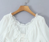 KYLETHOMASW  -  Sweet White Embroidery Hollow Out Hole Splice Lace Elastic U Collar Short Sleeve Shirt Women Center Buttons Slim Crop Tops