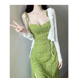 KYLETHOMASW  -  Women's Green Floral Halter Neck A-Line Dress Beach Vacation Waist-Cinching Summer New Style Cleanfit Polyester Sleeveless