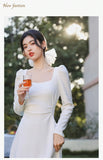 KYLETHOMASW  -  Autumn Long Sleeve Square Collar Sweet and Gentle White Dress for Women Korean Cute Slim Fit Temperament Elegant Long Dress