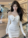 KYLETHOMASW  -  Cocktail Evening Dresses Women Bow Off Shoulder Backless Long Sleeve Slim Sexy Elegant Mini Birthday Party Ladies