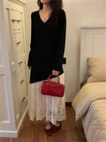 KYLETHOMASW  -  Autumn Patchwork Lace Long Skirts Women Elegant V-Neck Vintage Slim Casual 2024 New Full Sleeve Daily Office Lady