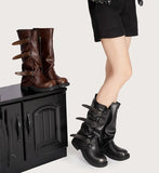 KYLETHOMASW  -  Vintage Soft Leather Belt Strap Buckle Mid-Calf Women Motorcycle Boots Fashion Thick High heels Autumn Winter Knight Booties