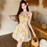 KYLETHOMASW  -  New Floral Chic Bow Square Collar Sling Short Dress Women Elegant Casual A-Line Dress Summer Korean Bodycon Kawaii Dresses