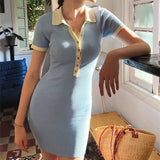 KYLETHOMASW  -  Sexy Polo Collar Knit Bodycon Dress Women Summer Fashion Patchwork Slim Elastic Mini Dresses Casual Office Lady Vestidos A027