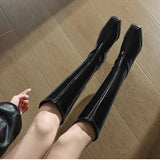 KYLETHOMASW  -  Thick Heel Women Knee High Boots Fashion Silvery Square Toe Autumn Winter Ladies Elegant Mordern Knight Long Booties