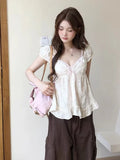 KYLETHOMASW  -  Summer New French Temperament Sweet and Lovely Gentle Pink Floral T-Shirts Women Design Fashion Kawaii Loose Short Sleeve Tees