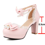 KYLETHOMASW  -   Ankle Strap Two-Piece Lolita Pump Round Toe Platform Kawaii Thick High Heel Bow Buckle Bead Ladies Cosplay Shoes Autumn