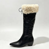 KYLETHOMASW  -  Big Size 42 Vintage y2k Knee‑High Boots Women Shoes Pointed Toe Shearling Fleece Warm Winter Inside Wedge Heel Cowboy Boots