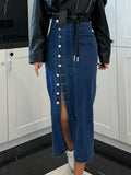 KYLETHOMASW  -  Women's Denim Skirt Solid Color High Waist Oblique Button Up Split Long Skirt for Travel Party