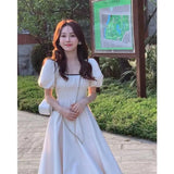 KYLETHOMASW  -  Women's White Square Neck Puff Sleeve Midi Dress High Waist A Line Casual Summer Dress