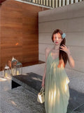 KYLETHOMASW  -  Sexy Backless Strapless Long Dress Women's Summer Vacation Green Loose A-Line Skirt Polyester V-Neck Sleeveless Casual Gown