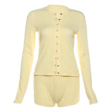 KYLETHOMASW  -  Classic Stretch 2-Piece Set Women Single-Breasted Long Sleeves o-Neck Blouse+Basis Shorts Simple Leisure Street Suits