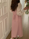 KYLETHOMASW  -  Korean Chic French Fake Two Piece Contrast Color Long Sleeve Slim Waist Lace-up Dresses