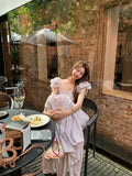 KYLETHOMASW  -  Purple Floral Square Collar Flower Bud Sleeve Dress Women Summer New Fresh Sweet Fairy Temperament Cute Long Dresses