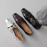 KYLETHOMASW  -  Women Pleated Hollow Mary Jane Style Shoes with Bow Design Flat Shoes Square Toe Casual Comfortable Outdoors Women Shoes Fashion