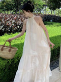 KIylethomasw Summer French Temperament White Bohemian Seaside Resort Style Sexy Loose Hanging Neck Character Sleeveless Mid-length Dress