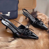 KYLETHOMASW  -   Designer High Heels Women Pointed Lace-up Slingback Sandals Female Patent Leather Stiletto Heels Bow Low Heel Muller Pumps Women