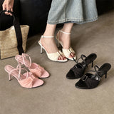 KYLETHOMASW  -  Fashion Women Pink Mesh Ruched High Heel Sandals Ankle Strap Stiletto Heel Open Toe Party Dress Shoes