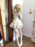 KYLETHOMASW  -  Sweet Lolita Kawaii Lavender White Lace Puff Sleeve 3 Piece Set Women Girls Bow Tiered Mini Cake Skirt Outfit Daily Party