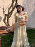KYLETHOMASW  -  Lace Ruffles Long Dresses Solid Square Neck Spring Summer Princess Dress Women A-line Vintage Sweet Vestidos Mujer