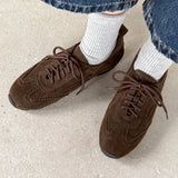 KYLETHOMASW  -  women's natural suede leather round toe lace-up flats oxfords high quality soft comfortable casual female flats shoes