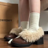 KYLETHOMASW  -  Fur Lining Women Mary Jane Shoes Elegant Square Toe Slip On Footwear 2026 Spring Autumn Keep Warm Ladies Thick Heel Single Shoes