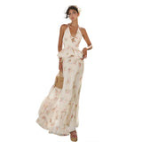 KYLETHOMASW  -  Flower Print Ruffles 2-Piece Set Women Halter Bandage v-Neck Backless Bows Backless Vest+Sweet Long Skirt Vacation Suits