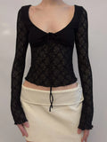 KYLETHOMASW  -  French Lace Patchwork V Neck Long Sleeve Slim Solid Y2k Streetwear Knitted T-Shirts