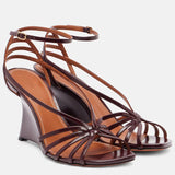 KYLETHOMASW  -  Narrow Band Wedges Leather Sandals Sexy Square Toe Corss Tied Back Straps Customized New Arrivals Fashion Women Modern Shoes