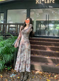 KYLETHOMASW  -  Retro Printed V-neck Kink Dress for Women in Spring and Autumn Slim Temperament Seaside Vacation Atmosphere