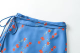 KYLETHOMASW  -  Summer Girl Bandage Lacing Up Sashes Ruched Waist Blue Floral Print Mini Skirts Fashion Women Zip up Waist A-lined Short Skirts