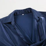 KYLETHOMASW  -  Office Siren Satin Dress for Women's Autumn Elegant Blue Swing Collar Long-sleeved Slim Fit Short Dress Female Clothes