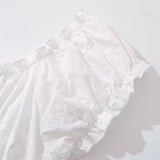 KYLETHOMASW  -  CHIC White Embroidery Lace Open Buttons Slash Shoulder Mini Dress Women Short Sleeve Slim Waist Dresses Holiday Robe Femme
