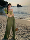 KYLETHOMASW  - Women Vintage Boho Green Print High Waist Elegant Pleated Wide Leg Pant Summer Pink Casual Loose Straight Split Trousers Fashion