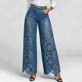 KYLETHOMASW  -  Women Wide Leg Denim Jeans Floral Lace Splicing Hollow Out High Waist Long Pants Retro Casual Ladies Streetwear Bottoms