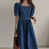 KYLETHOMASW  -  Korean Chic Summer Square Neck Back Zipper Waist Bubble Sleeve Denim Dress Women Beautiful Robe