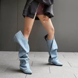KYLETHOMASW  -  Women's Runway Denim Slouchy Boots Light Blue Chic Snap Fastener Boots Black Pearl Back Zip Modern Shoe Biggest Size 48