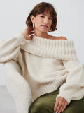 Kylethomasw Women Off Shoulder Cropped Knitted Pullover Fashion Slash Neck Long Sleeve Female Sweater Elegant Autumn Lady Loose Jumpers Knit