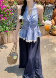 KYLETHOMASW  -  Women Summer Halter Neck Sleeveless Backless Blouse Top Lace Trim Boho Peplum Camisole Elegant Holiday Beachwear Korean Style