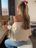 KYLETHOMASW  -  Crewneck Embroidered Fish Knit Crop Sweater Contrast Trim Loose 2025 Autumn Playful Women Chic Top Daily Causal Lady Pullover