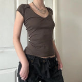 KYLETHOMASW  -  Folds V-neck Top Brown Vintage Slimming Button Short Sleeve T-shirt Casual Basic Streetwear Elegant Cargo Tops Summer