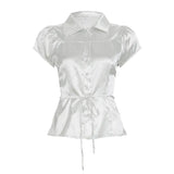 KYLETHOMASW  -  Polka dot short sleeved breasted shirt design with a cinched waist and tie, light and mature satin short commuter top