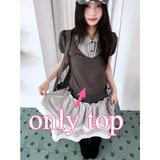 KYLETHOMASW  -  American Retro Daily Mixed Wear College Style Short Sleeved Top Casual Waist Cinched Pleated Half Skirts Autumn Y2k Vintage 2pcs