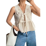 KYLETHOMASW  -  Women's Tie Front Blouse V Neck Sleeveless Shirt Eyelet Embroidery Ruffle Peplum Tops