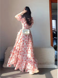 KYLETHOMASW  -  Summer Niche French Pink Floral Off-shoulder Dress Atmosphere Sense Vacation Style Tea Break Long Skirt Princess Dress