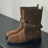 KYLETHOMASW  -  Autumn Retro Chunky Heels Ankle Boots for Women Fashion Belt Buckle Design Cowboy Boot Round Toe Comfortable Woman Shoes