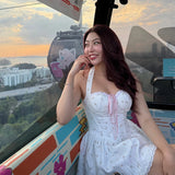 KYLETHOMASW  -  New Cream Pink Floral Halter Corset Mini Dress Lace Up Back Bow Tie Sweetheart Neck Ruffle Hem Lolita Fashion Dresses