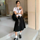 KYLETHOMASW  -  Preppy Style Pleated Skirt Women Vintage Korean Style Black Mid Length Skirt Harajuku Fashion Patchwork Classic Skirts