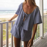 KYLETHOMASW  -  Vintage Plaid 2 Piece Set Front Tie Up Short Sleeve Blouse Shirt Crop Tops + Wide Leg Shorts Women Boho Beach Loose Matching Set