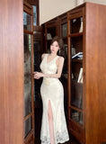 KYLETHOMASW  -  Elegant Dresses Women Flowers Lace Patchwork Sleeveless Halter Slim Split Temperament Party Dress Summer Fashion
